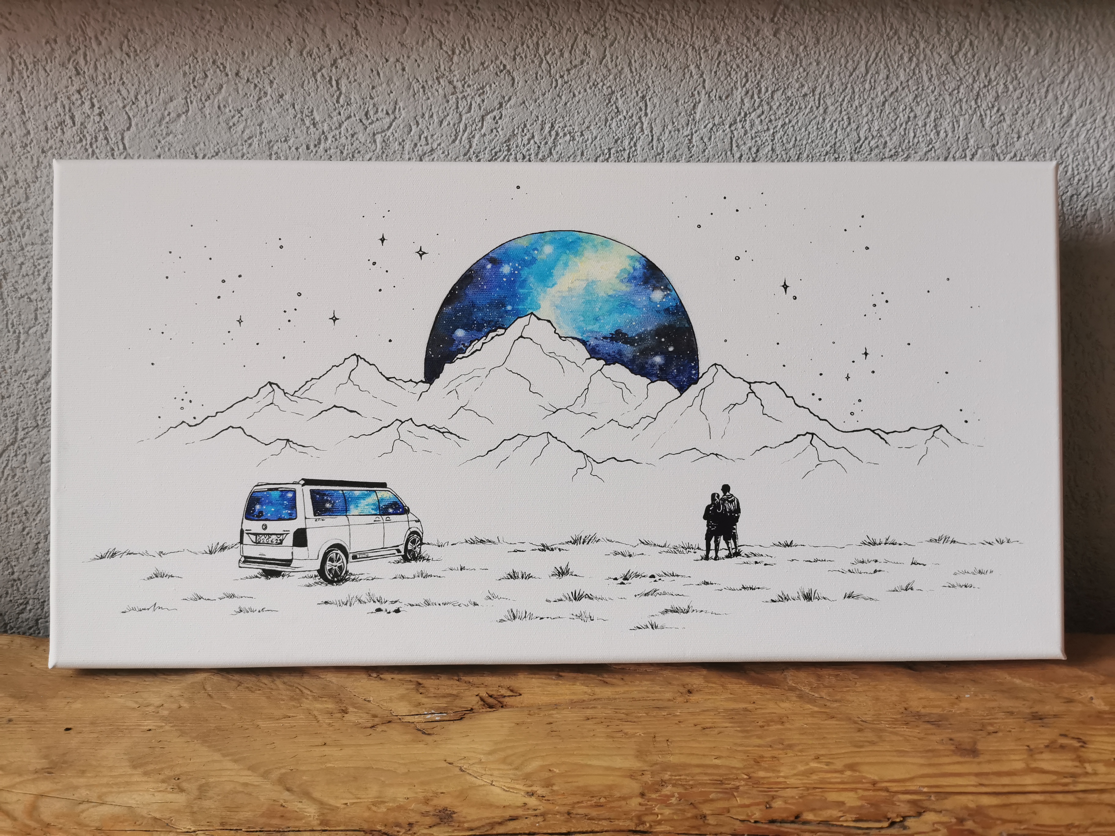Cadeau de mariage, Aquarelle et marker sur toile, 30 x 90cm