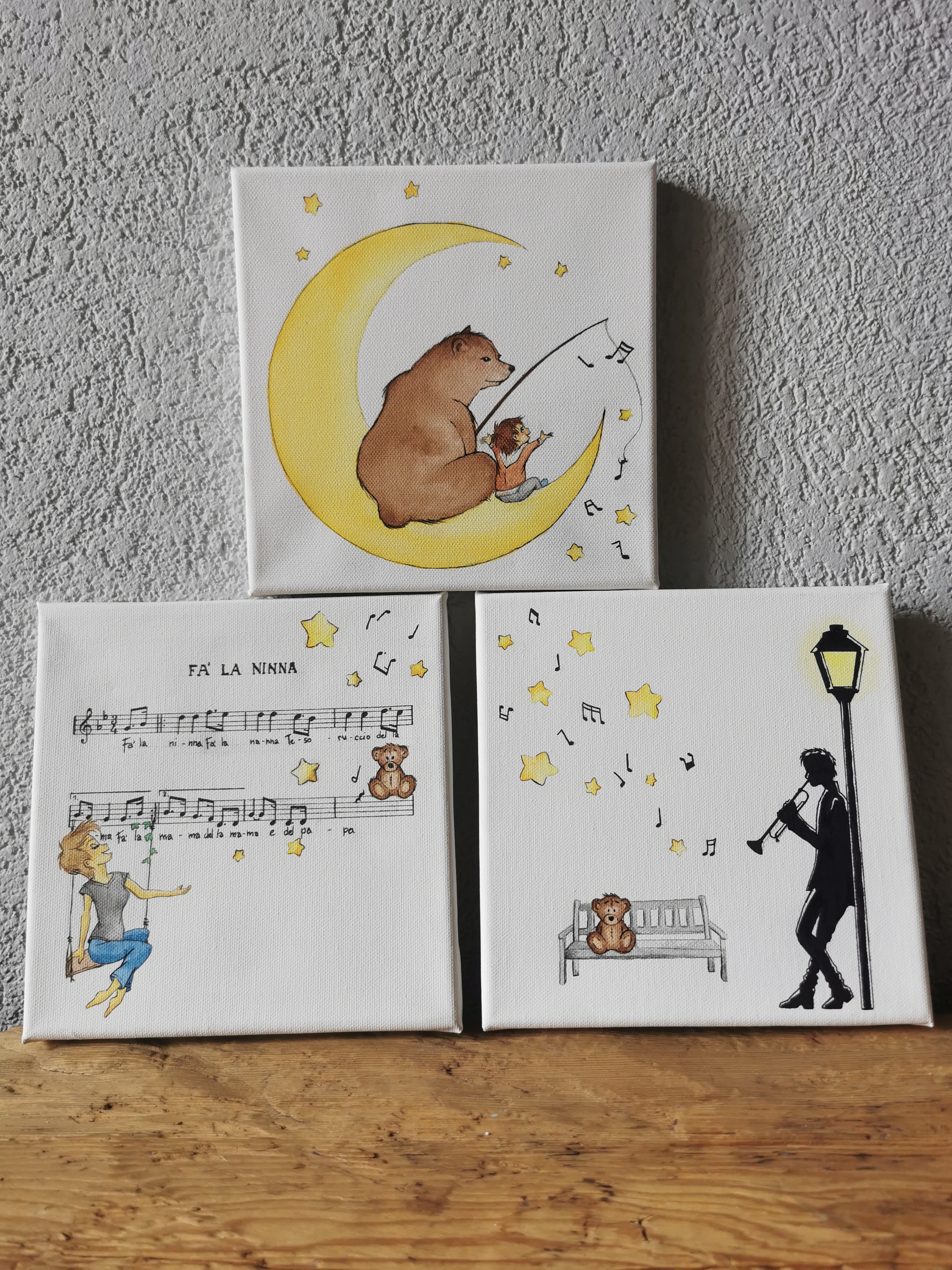 Pour Inès et ses parents, Aquarelles sur toile carrée