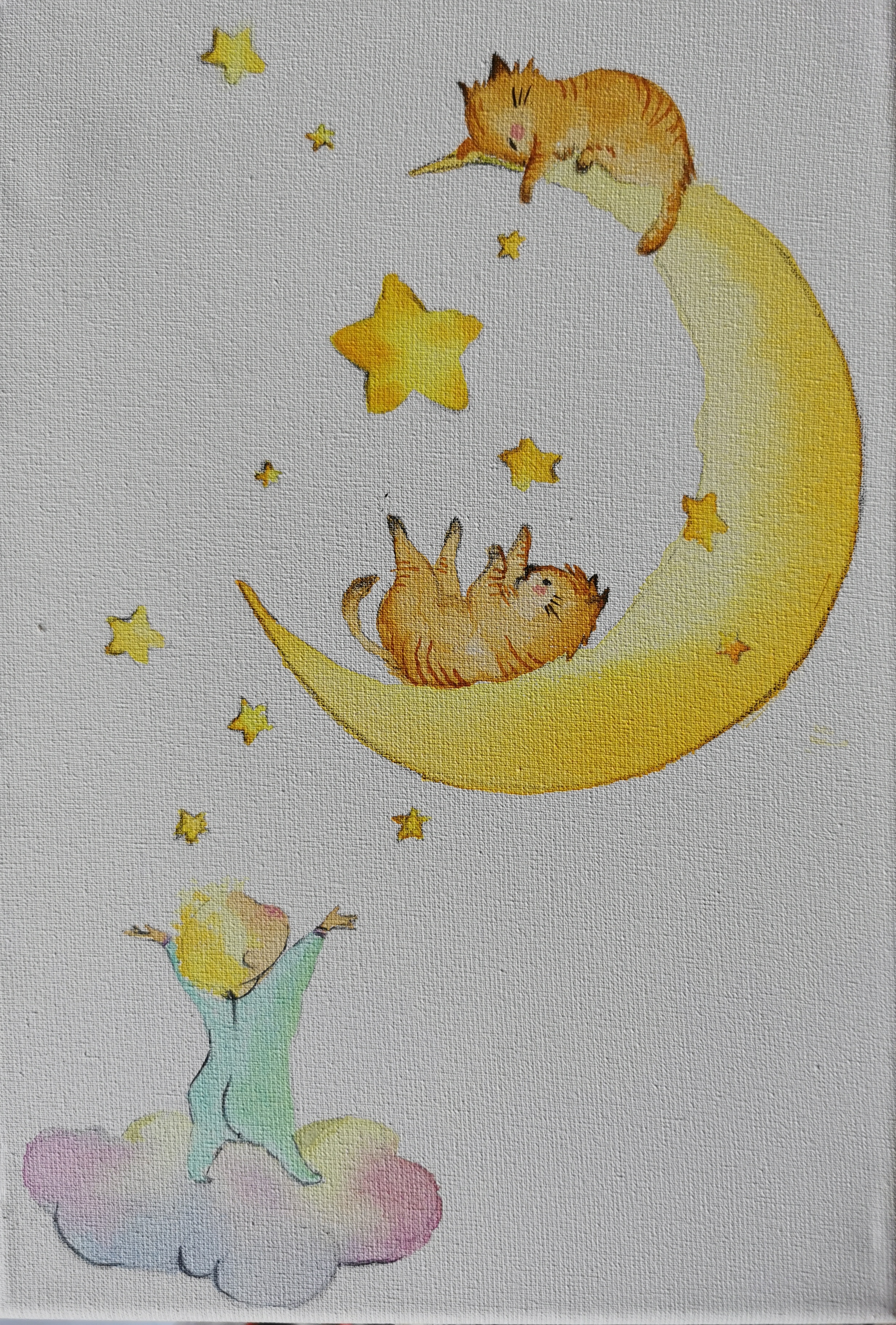 Pour Noor et ses deux chats, Aquarelle sur toile, A4